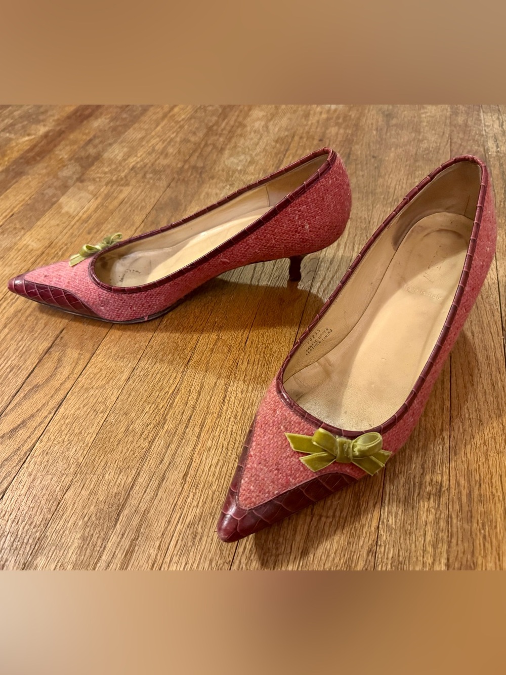 J. Crew Rose Pointed-Toe Kitten Heels with Olive Bow Accent